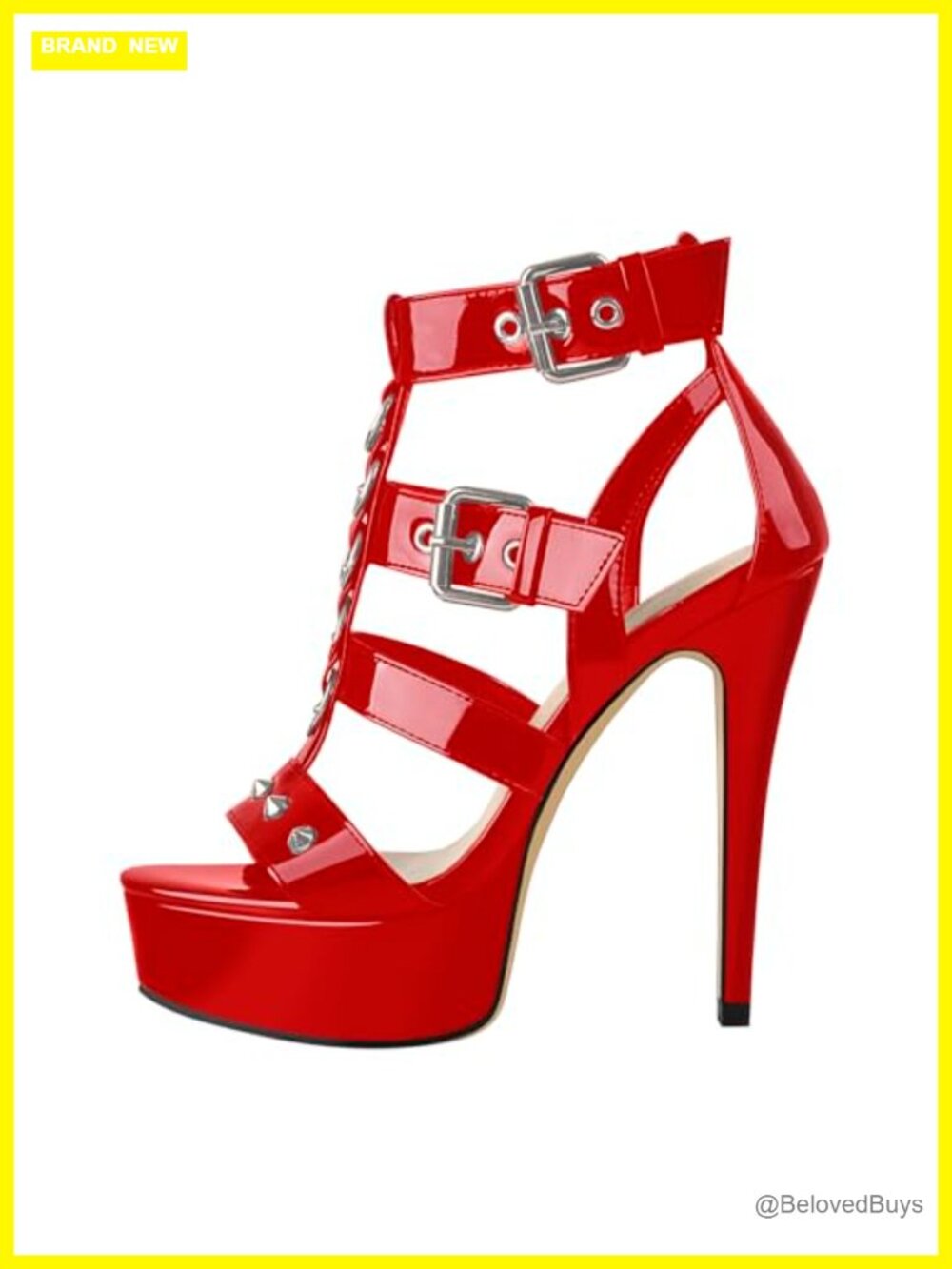 Women's Faux Leather Peep Toe Platform Stiletto Heels Studded Ankle Strap